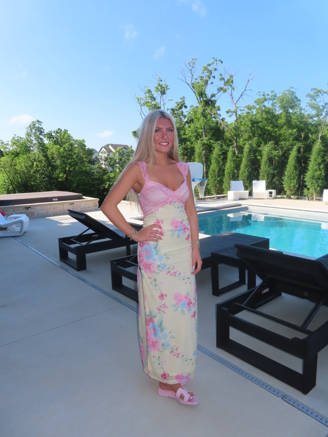 Floral Print Maxi Dress with Lace Bodice & Double Side Slits