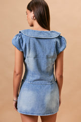 Denim Darling Two-Piece Set - Collar Crop Top & Mini Skirt