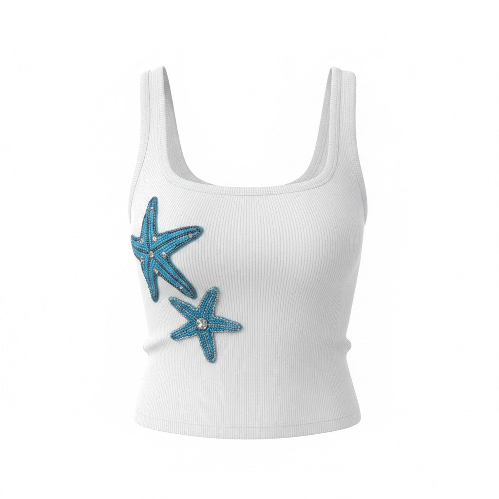 White Ribbed Tank Top with Blue Starfish Beading – Square Neck Cropped Summer Cami