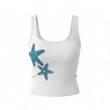 White Ribbed Tank Top with Blue Starfish Beading – Square Neck Cropped Summer Cami