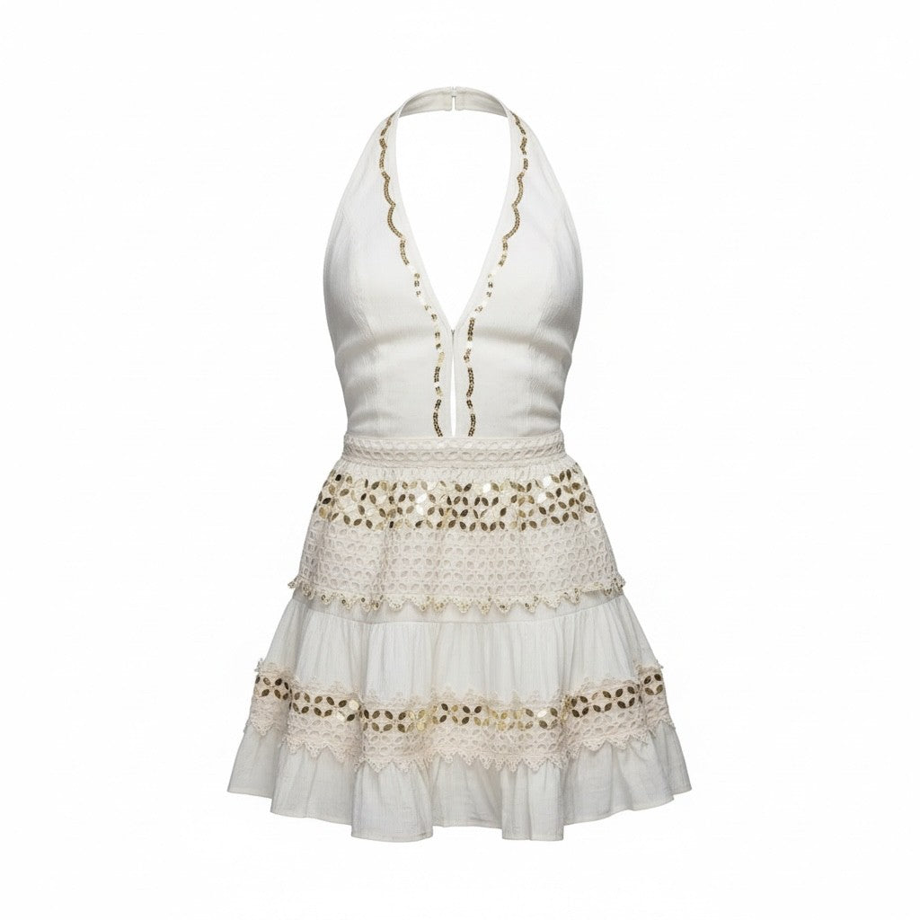 White Mirror Sequin Halter Skater Dress – White Party, Girls Brunch & Beach Day Sparkle
