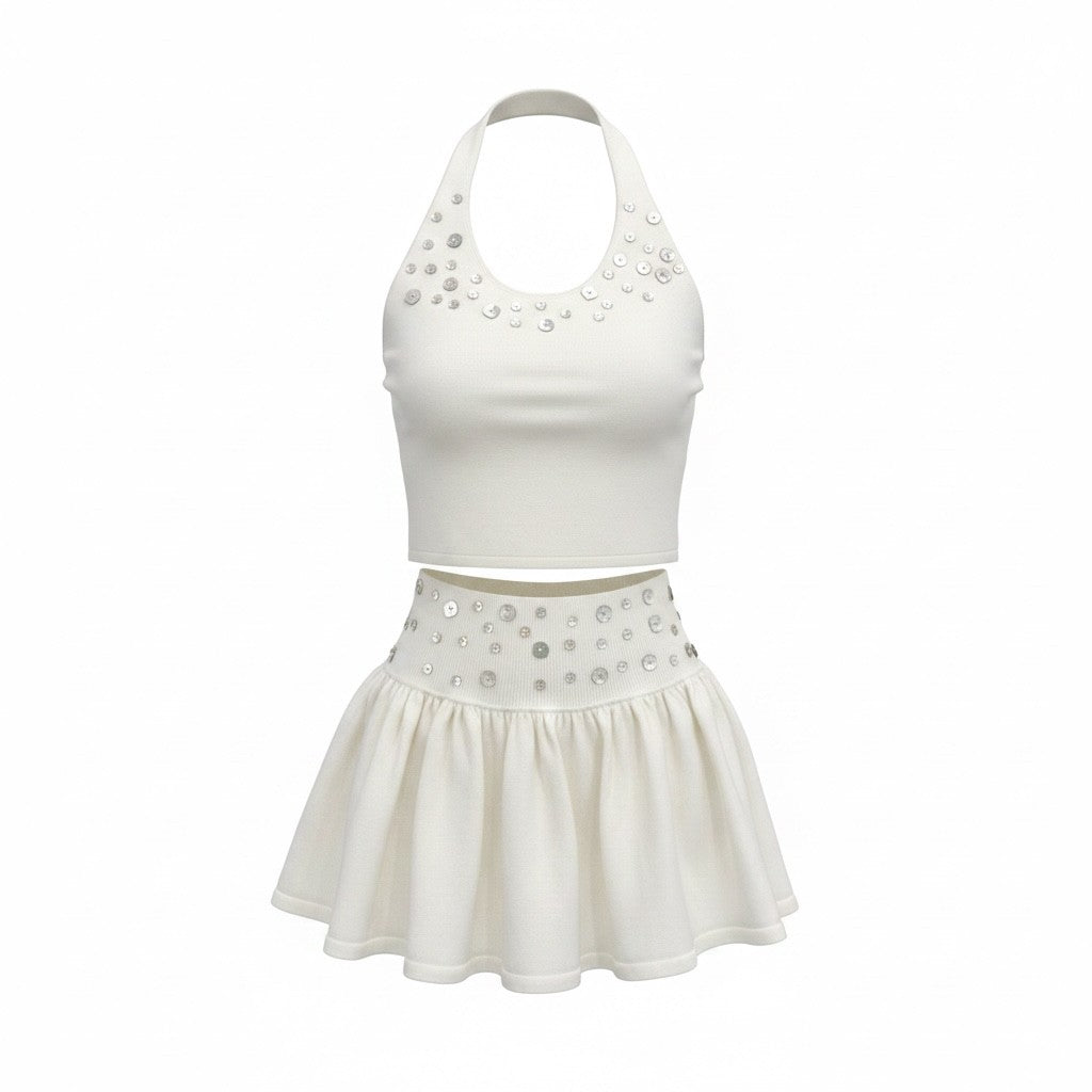 Button Embellished Knit Halter & Flare Skirt Set