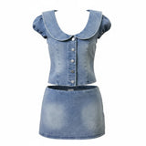 Denim Darling Two-Piece Set - Collar Crop Top & Mini Skirt