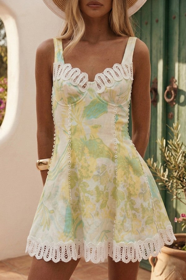 Tropical Floral Print Lace Trim Mini Dress