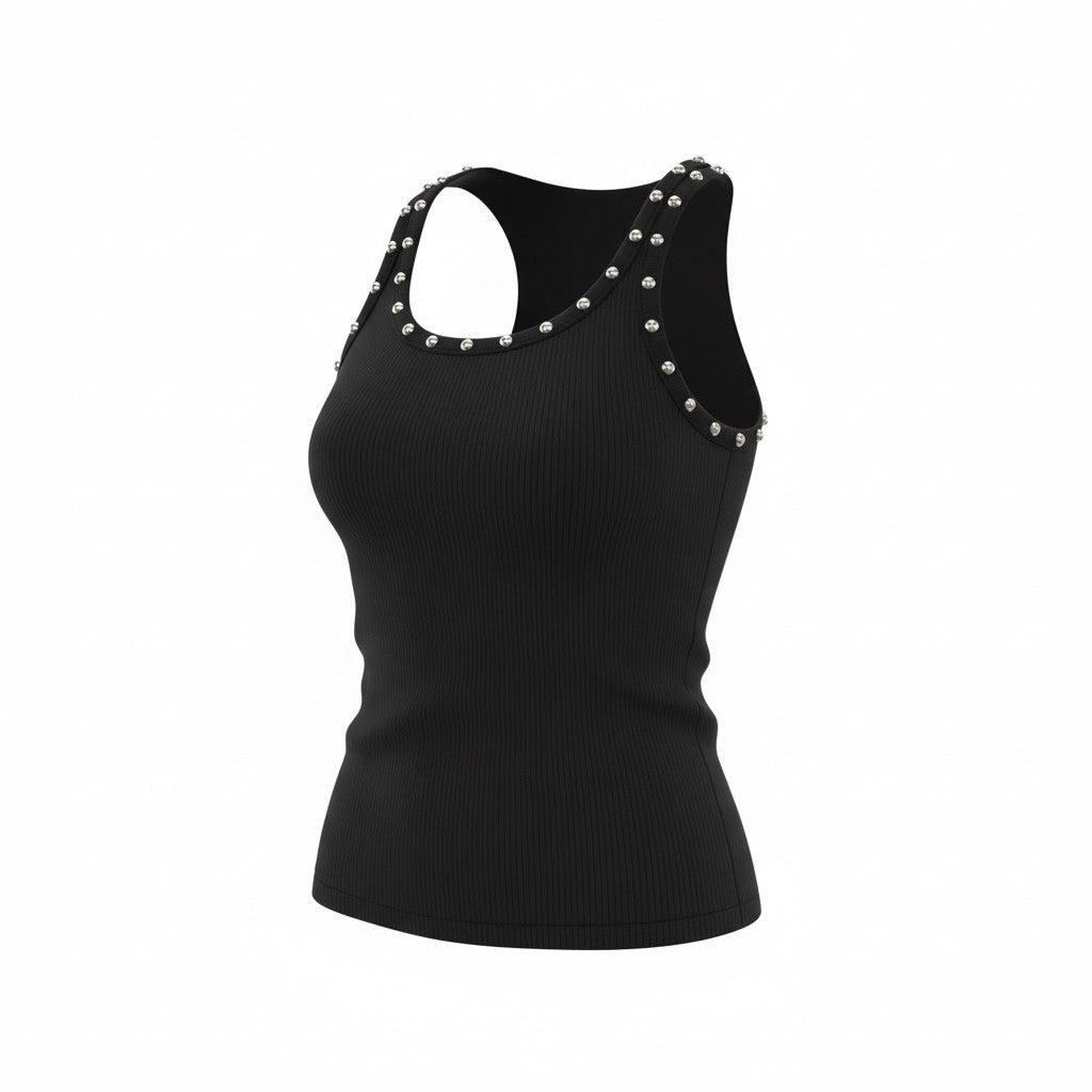 Black Ribbed Tank Top with Silver Studs – Studded Neckline Fitted Sleeveless Top