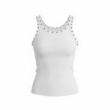 White Ribbed Tank Top with Silver Studs – Studded Neckline Fitted Sleeveless Top