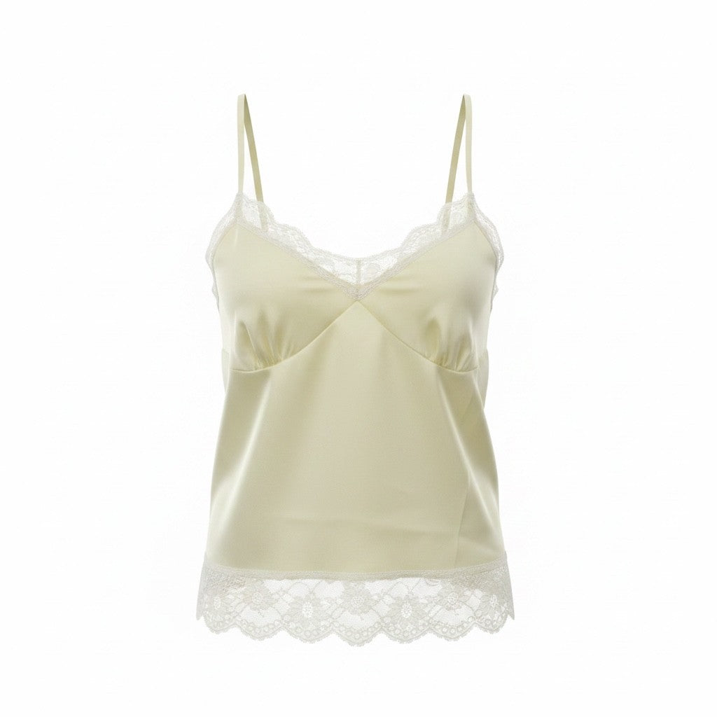 Light yellow Lace Trim Silk Camisole Top