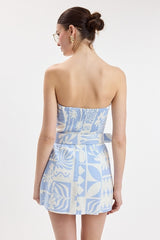 Blue Tropical Patchwork Strapless Belted Mini Dress
