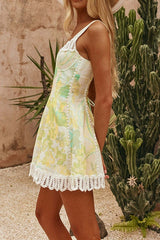 Tropical Floral Print Lace Trim Mini Dress