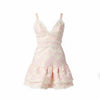 Pink Floral Jacquard Mini Dress – V-Neck Ruffle Hem Tiered Sundress with Pom Pom Trim
