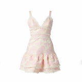 Pink Floral Jacquard Mini Dress – V-Neck Ruffle Hem Tiered Sundress with Pom Pom Trim