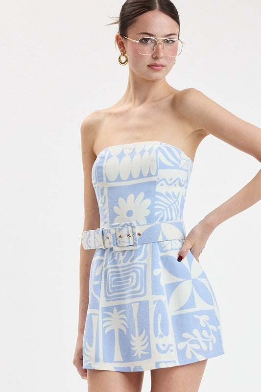 Blue Tropical Patchwork Strapless Belted Mini Dress