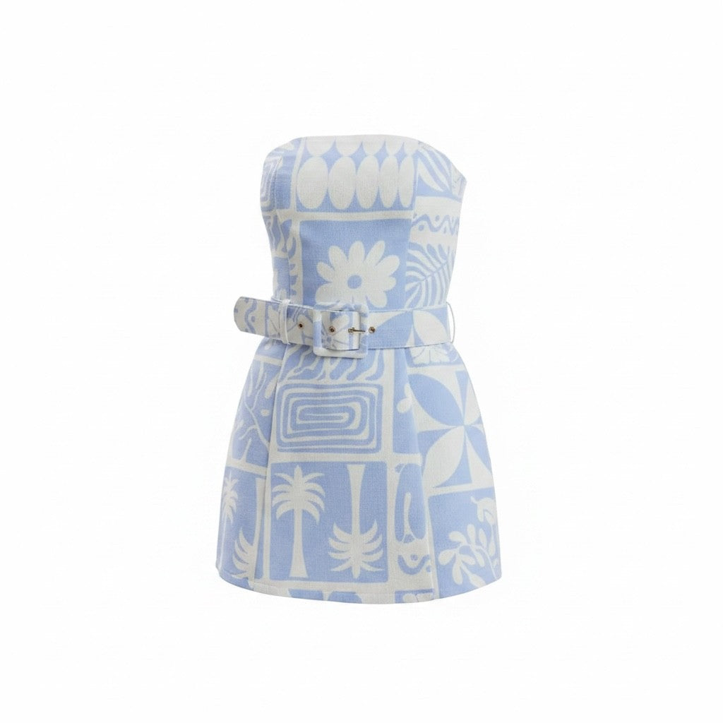 Blue Tropical Patchwork Strapless Belted Mini Dress