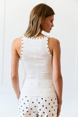 White Ribbed Tank Top with Silver Studs – Studded Neckline Fitted Sleeveless Top