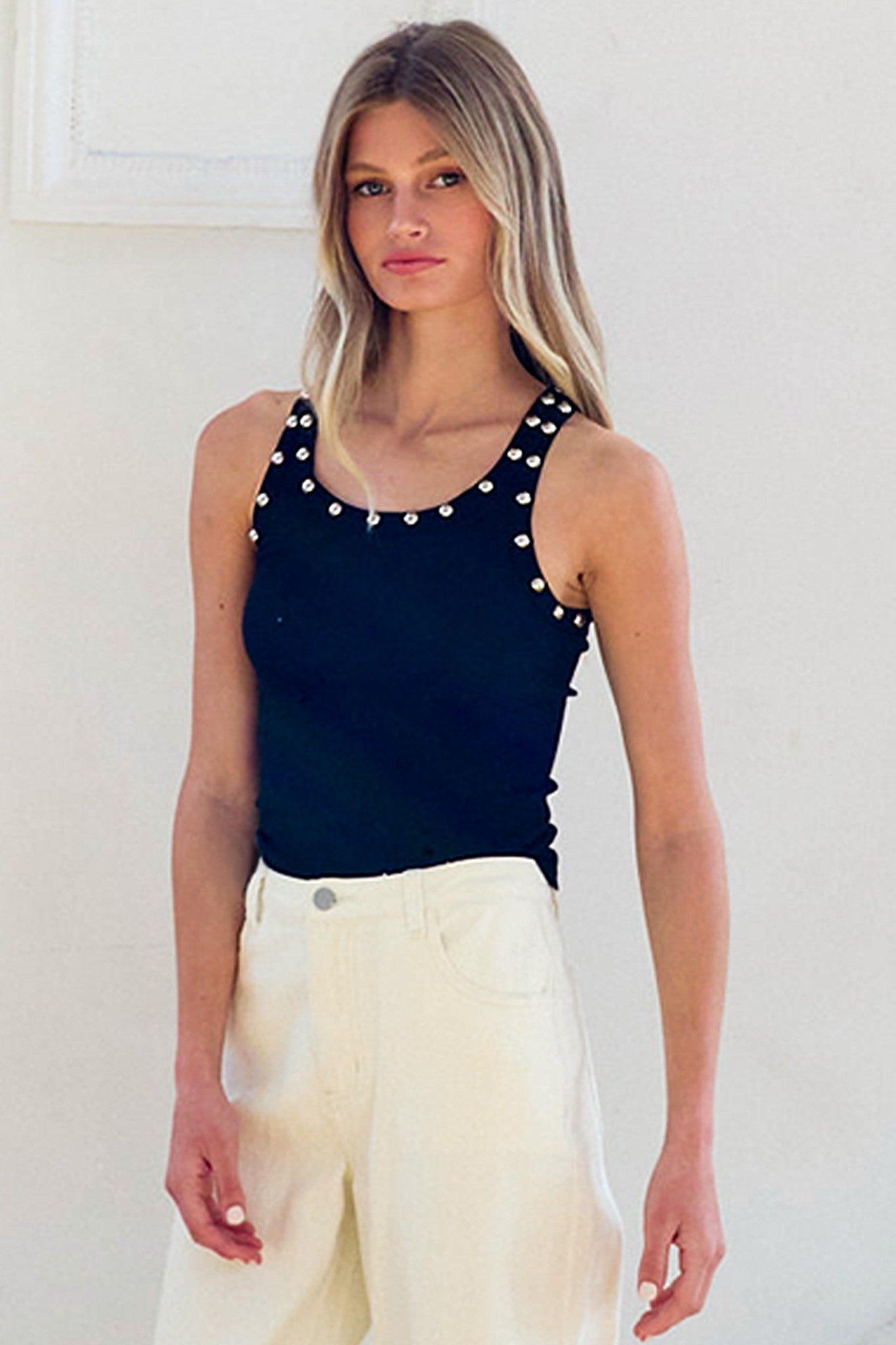 Black Ribbed Tank Top with Silver Studs – Studded Neckline Fitted Sleeveless Top