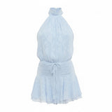 Mad-ly light blue chiffon halter mini dress with white floral jacquard, smocked waist, and ruffled hem.