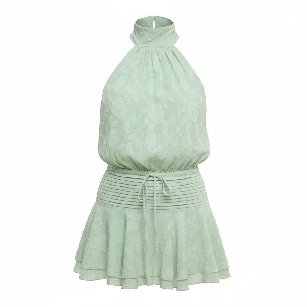 Mad-ly mint green floral chiffon halter mini dress with a smocked waist and ruffled hem.