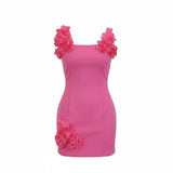 Mad-ly bubblegum pink mini A-line dress with 3D floral accents on the square neckline and hip.