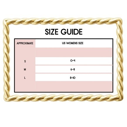 Mad-ly size guide chart for women's clothing showing US sizes small, medium, and large with a gold rope border.