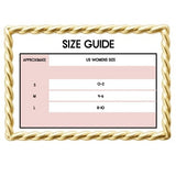 Mad-ly size guide chart for women's clothing with US sizes S, M, and L in a gold twisted rope frame.