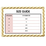 Mad-ly size guide chart for women's clothing featuring US sizes XS to XL with a decorative gold rope border.