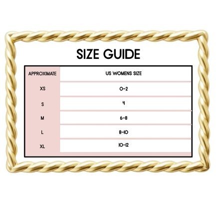 Mad-ly size guide chart for women's clothing featuring US sizes XS to XL with a decorative gold rope border.