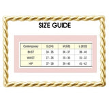 Mad-ly size guide chart for women's clothing with bust, waist, and hip measurements in a gold twisted frame