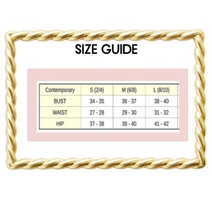 Mad-ly size guide chart for women's clothing with bust, waist, and hip measurements in a gold twisted frame