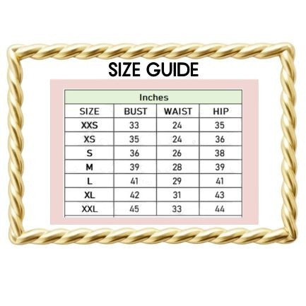 Mad-ly size guide chart for pink 3D floral A-line dress with bust, waist, and hip measurements in inches