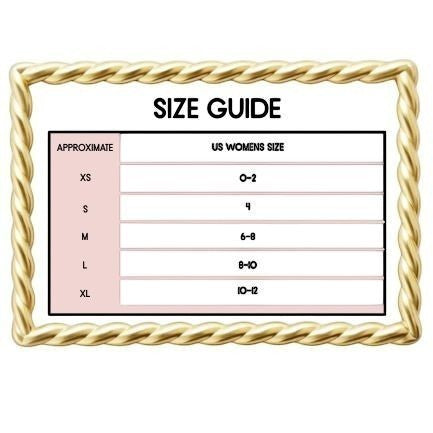 Mad-ly size guide chart for women's clothing featuring US sizes XS to XL in a decorative gold rope frame