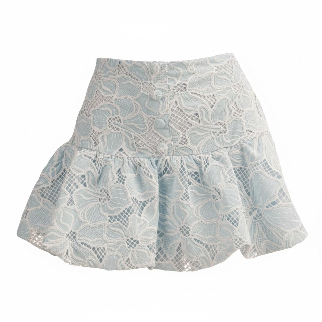 Baby Blue Floral Embroidered Lace Bubble Hem Mini Skirt