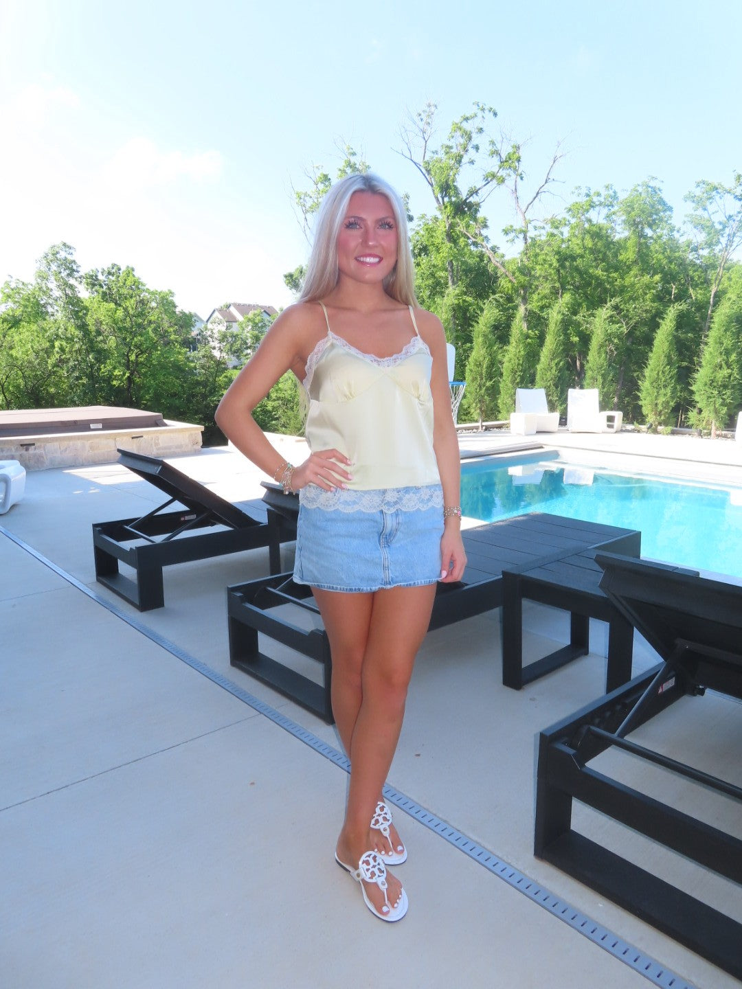 Light yellow Lace Trim Silk Camisole Top