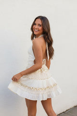 White Mirror Sequin Halter Skater Dress – White Party, Girls Brunch & Beach Day Sparkle