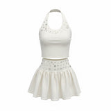 Button Embellished Knit Halter & Flare Skirt Set