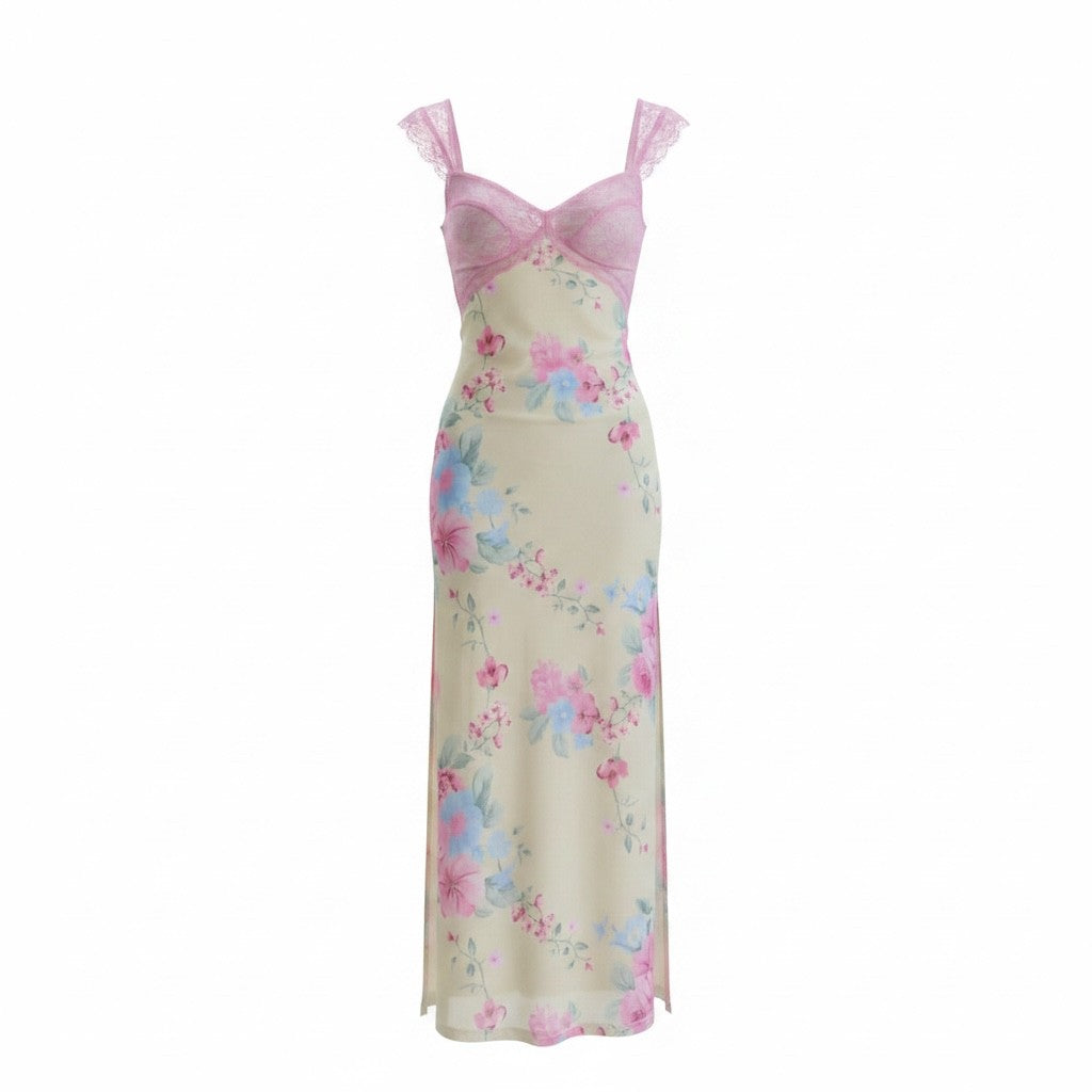 Floral Print Maxi Dress with Lace Bodice & Double Side Slits