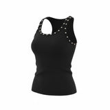 Black Ribbed Tank Top with Silver Studs – Studded Neckline Fitted Sleeveless Top