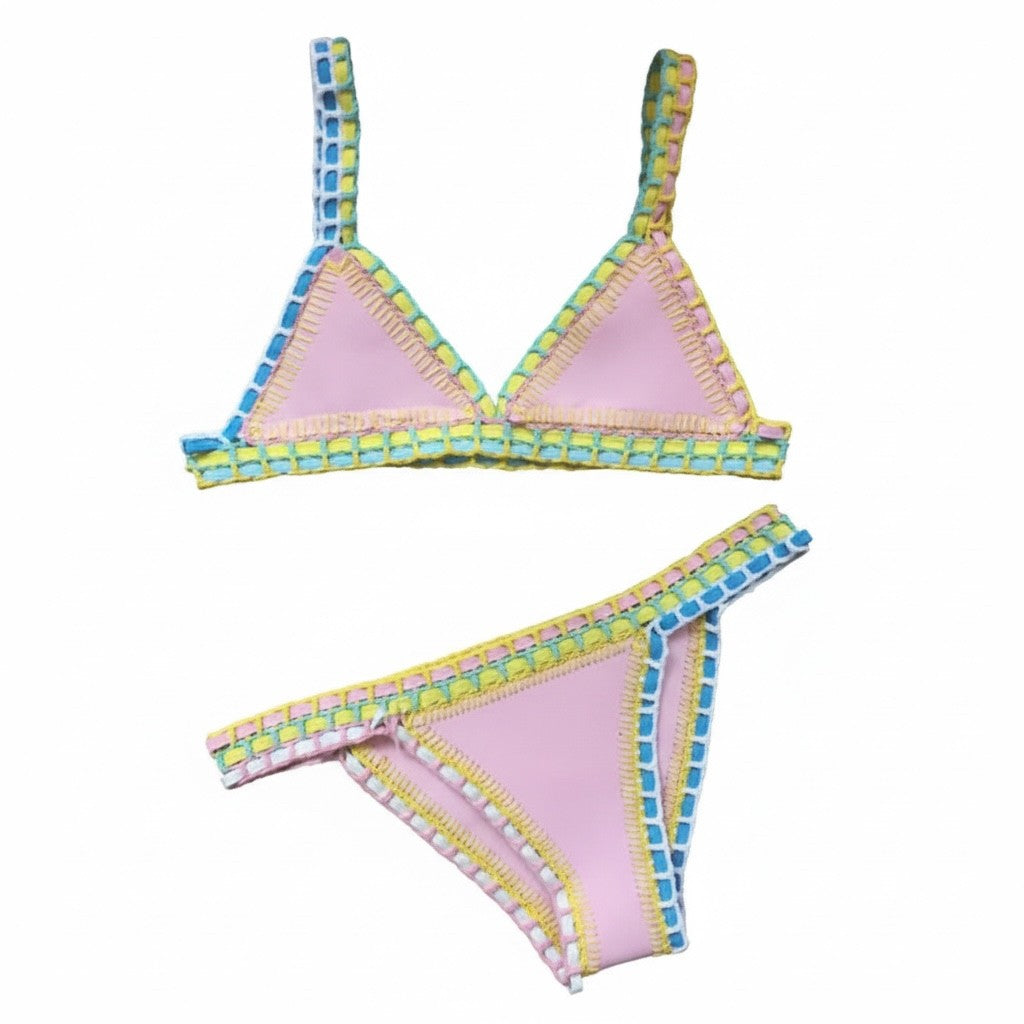 Pink & Colorful Crochet Trim Bikini Set – Tropical Vacation Triangle Bikini in Pastel Pink