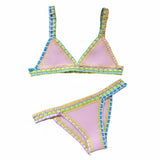 Pink & Colorful Crochet Trim Bikini Set – Tropical Vacation Triangle Bikini in Pastel Pink