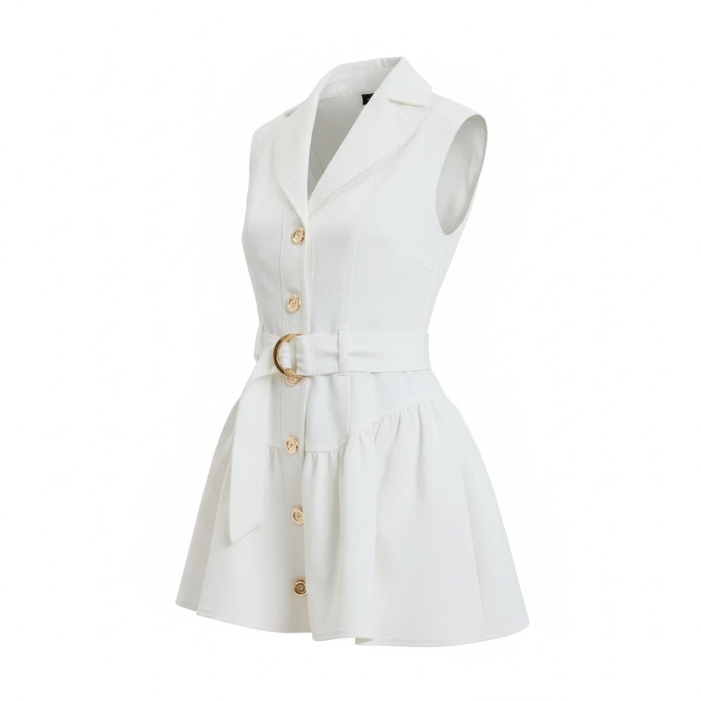 White Denim Button Front Belted Mini Dress