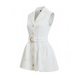 White Denim Button Front Belted Mini Dress