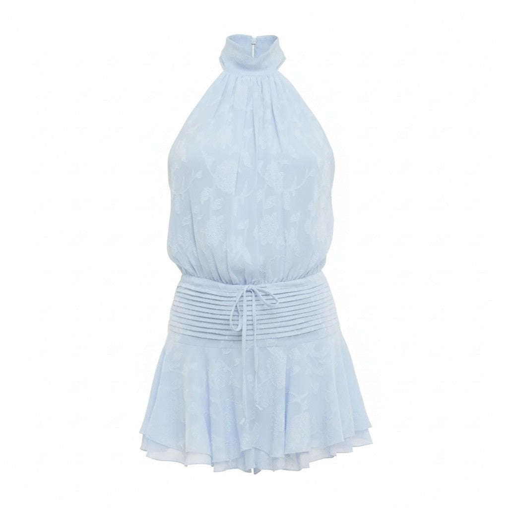 Dreamy Light Blue Floral Halter Mini Dress