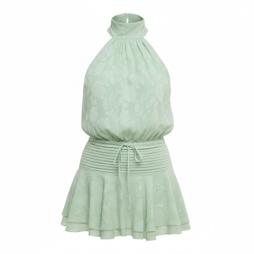 Dreamy Mint Green Floral Halter Mini Dress