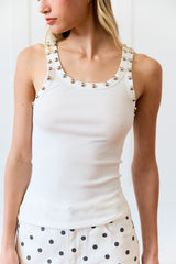White Ribbed Tank Top with Silver Studs – Studded Neckline Fitted Sleeveless Top