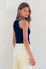 Black Ribbed Tank Top with Silver Studs – Studded Neckline Fitted Sleeveless Top
