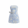 Mad-ly strapless mini dress in sky blue and cream linen-rayon blend with a tropical patchwork print and buckle belt