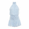 Mad-ly light blue chiffon halter mini dress with white floral jacquard, smocked waist, and ruffled hem.