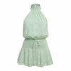 Mad-ly mint green floral jacquard halter mini dress with a smocked waist and ruffled hem in lightweight chiffon.