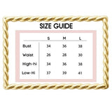 Mad-ly size guide chart for women's apparel featuring bust, waist, and hip measurements in inches for sizes S to L.