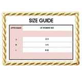 Mad-ly size guide chart for women's clothing showing US sizes small, medium, and large with a gold rope border.