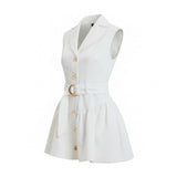 Mad-ly white sleeveless denim mini dress with a collared neckline, gold button front, and a matching belted waist.